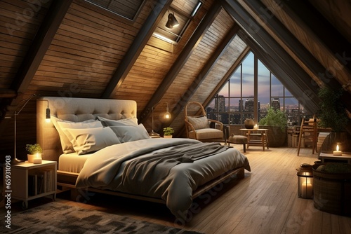 Cozy and modern attic bedroom with a banner and house picture. Generative AI