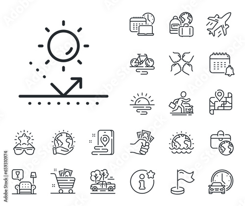 Uv protect sign. Plane jet, travel map and baggage claim outline icons. Sun protection line icon. Sunscreen effect symbol. Sun protection line sign. Car rental, taxi transport icon. Vector