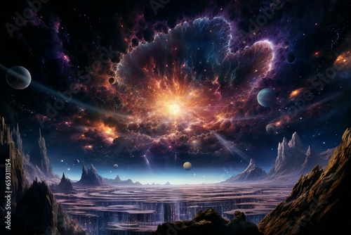 A massive cosmic explosion followed by a distortion in the fabric of spacetime. Generative AI