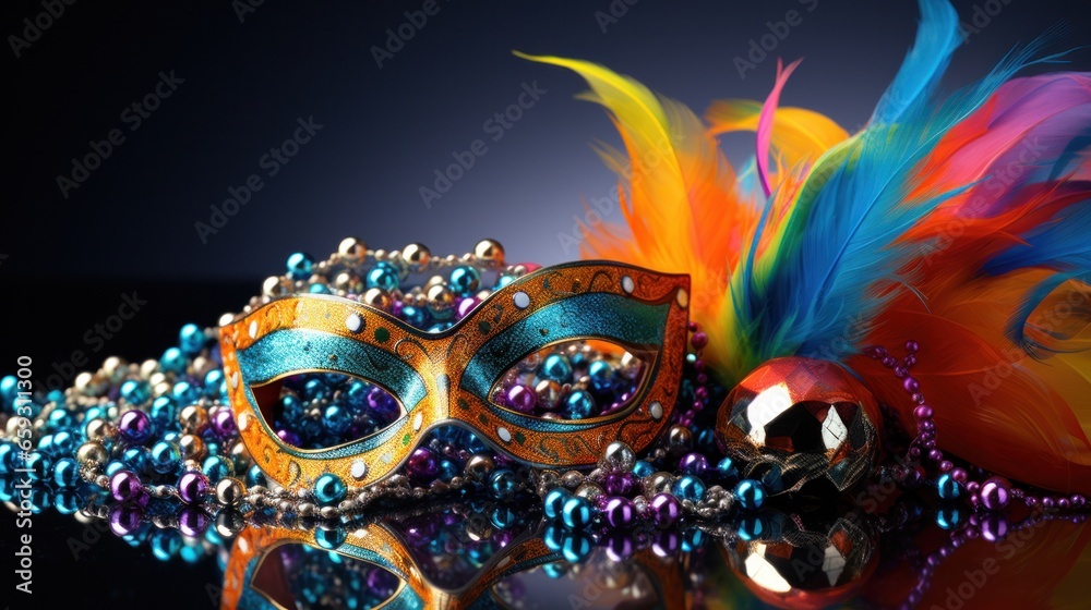 a Venetian mask stands as a work of art, adorned with intricate details and vibrant colors, while strings of beads create a captivating visual spectacle, enhancing the magic of Mardi Gras.