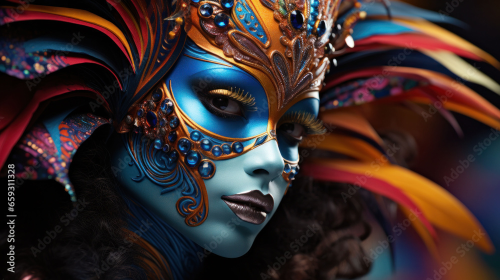 Vibrant Headdress and Exotic Makeup Grace a Woman's Appearance for the Parade. venetian carnival mask
