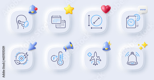Fahrenheit thermometer, Project deadline and Green energy line icons. Buttons with 3d bell, chat speech, cursor. Pack of Medical mask, Circle area, Calendar icon. Vector