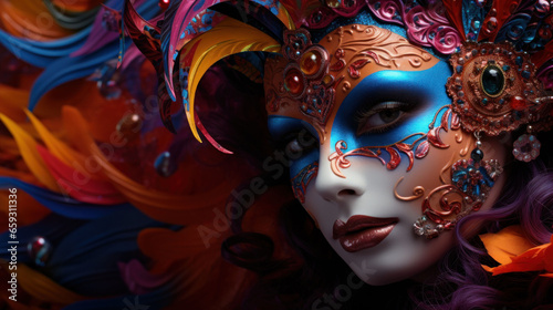 Party-Ready Charm: Woman Embraces Her Exotic Side with Colorful Headdress. venetian carnival mask