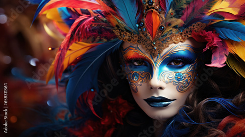 Enchanting Transformation: Woman Wears a Beautiful Headdress and Carnival Mask. venetian carnival mask © Liana