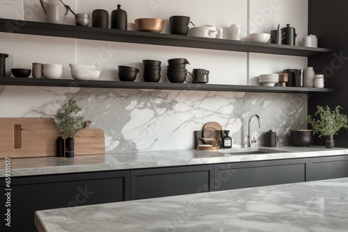 Monochrome kitchen with empty marble countertop. Generative AI