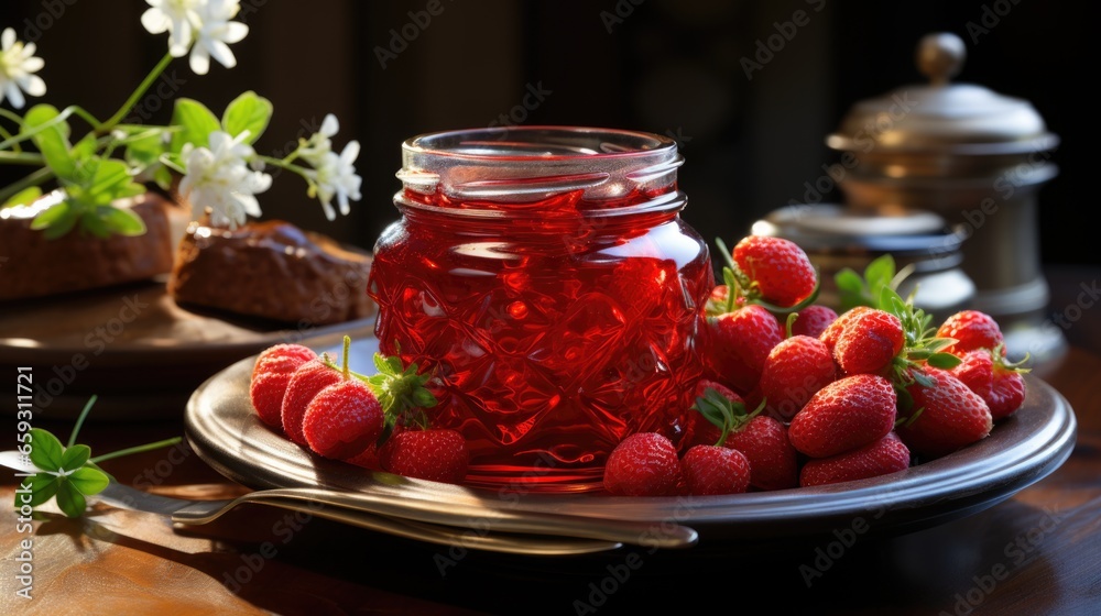 Strawberries and Jam on Wooden Table Strawberries and Jam on Wooden Table