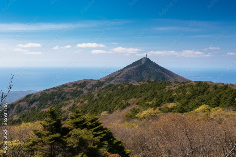 View of Rishiri Mountain from Gorota Cape Observatory. Generative AI