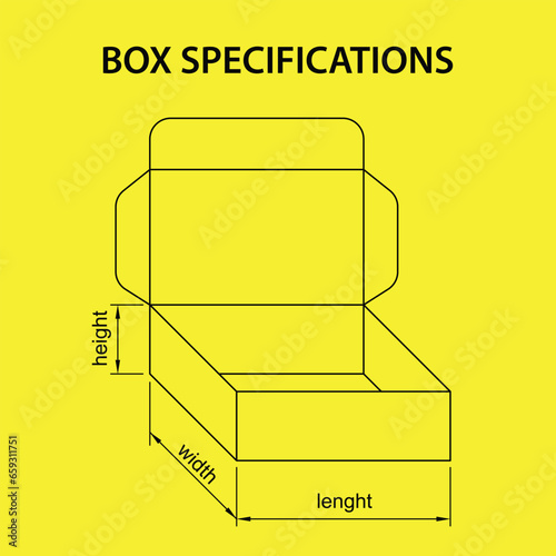 specifications of the shape and size of the box for packaging with arrows for length, width and height on model five box