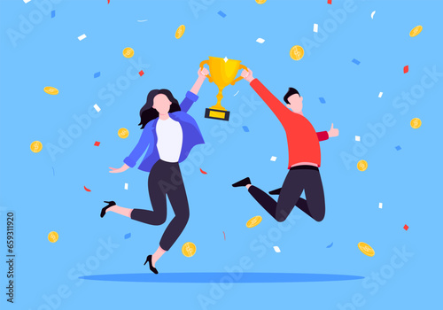 Employee recognition or proud workers of the month business concept flat style design vector illustration. Young adult people jump in the air with trophy cup.