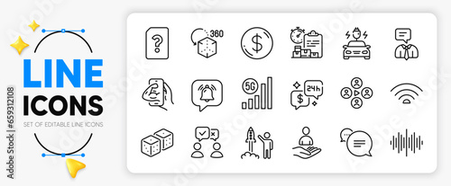 People voting, Delivery report and Launch project line icons set for app include Car charging, Unknown file, Support service outline thin icon. Wifi, Sound wave. Yellow 3d stars with cursor. Vector