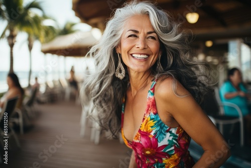 Smiling middle aged woman enjoying vacation on the beach generatuve ai
