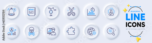 Report timer, Puzzle and Fake news line icons for web app. Pack of Reminder, Skin condition, Scissors pictogram icons. Chemistry lab, Career ladder, Chemical formula signs. World weather. Vector