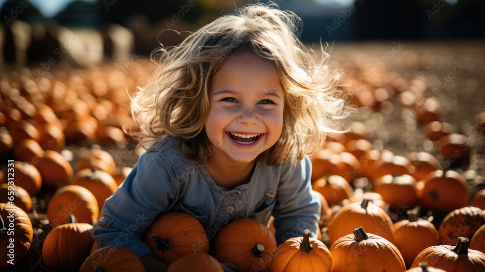 Smiling Girl Amidst Pumpkins with Family in Background Smiling Girl Amidst Pumpkins with Family in Background