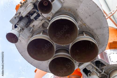 Space rocket engines close-up from upside down