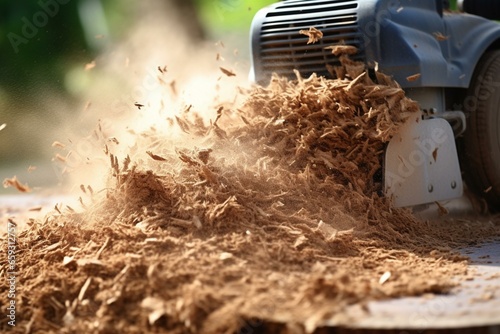 Close-up view of a machine grinding a tree stump into sawdust and mulch. Generative AI