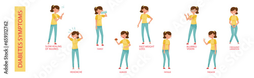 Diabetes Symptoms with Young Woman Suffer from Illness Vector Set