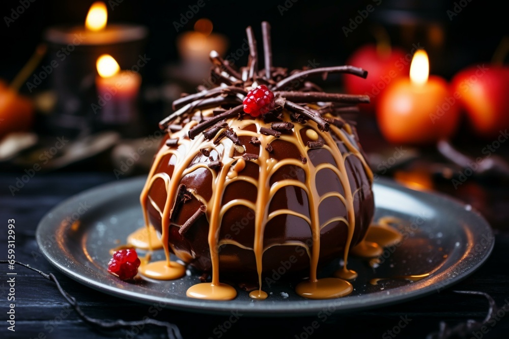 A spiderweb-themed caramel apple on a Halloween-inspired table with chocolate drizzle. Sweet Halloween food photography. Generative AI