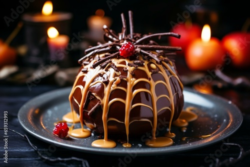 A spiderweb-themed caramel apple on a Halloween-inspired table with chocolate drizzle. Sweet Halloween food photography. Generative AI