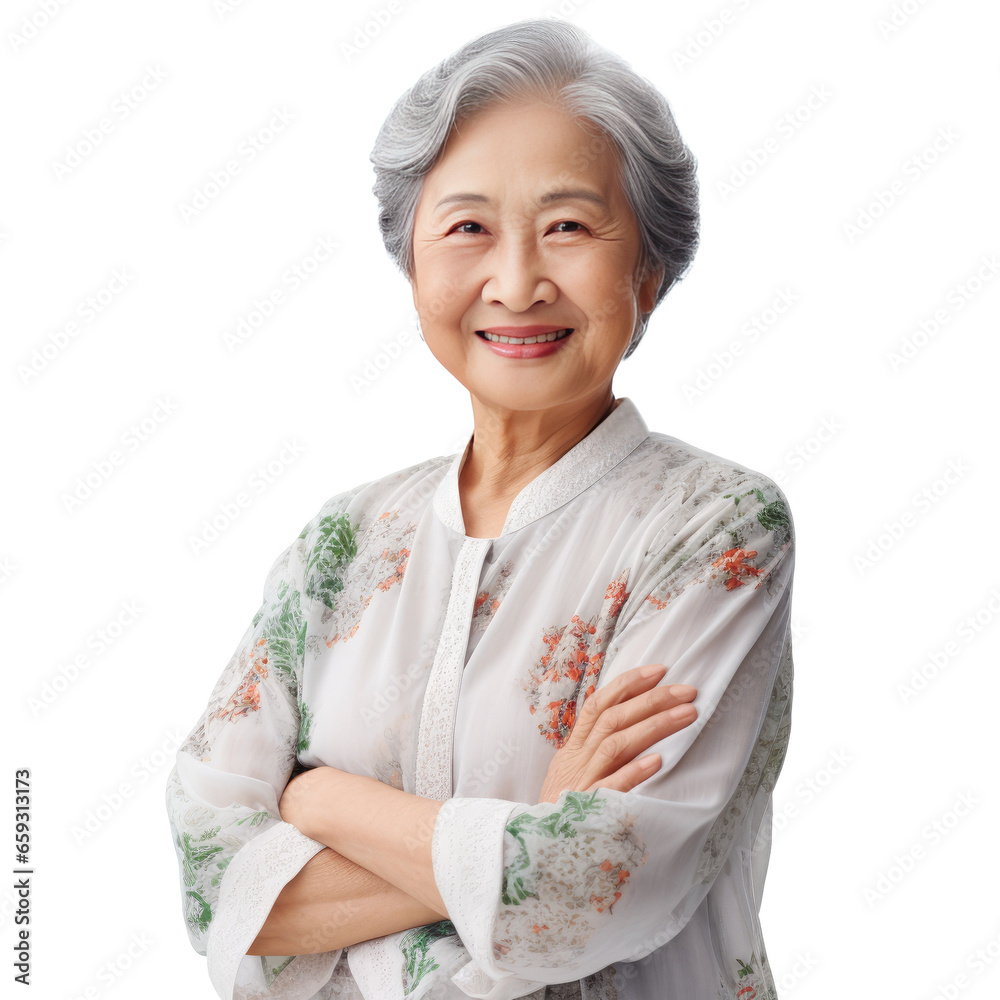 Old beautiful asian woman happy face smiling with crossed arms looking at the camera isolated on white transparent background Old beautiful asian woman happy face smiling with crossed arms looking at the camera isolated on white transparent background