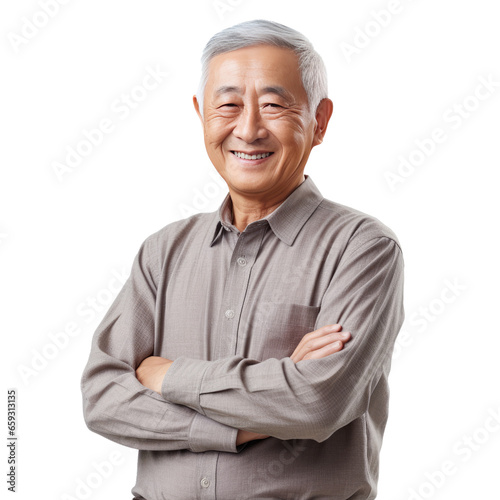 old handsome asian man happy face smiling with crossed arms looking at the camera isolated on white transparent background