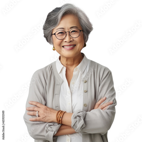 Old beautiful asian woman happy face smiling with crossed arms looking at the camera isolated on white transparent background