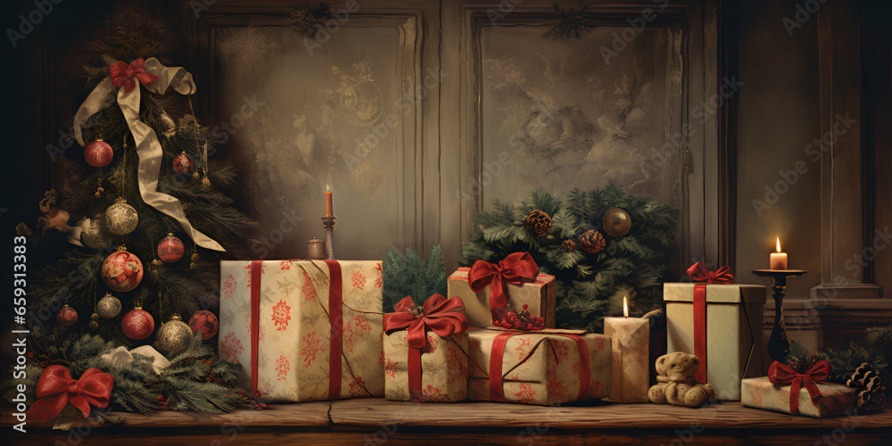 Xmas Delight: Festive Background with Presents and Ornaments
Merry Christmas Greetings: Gift Boxes and Festive Decor