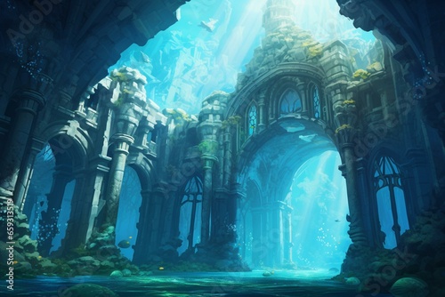 Illustration of Atlantis civilization ruins underwater. Generative AI