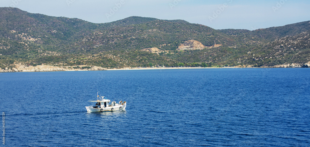 Summer landscape, fisher boat on the seascape.