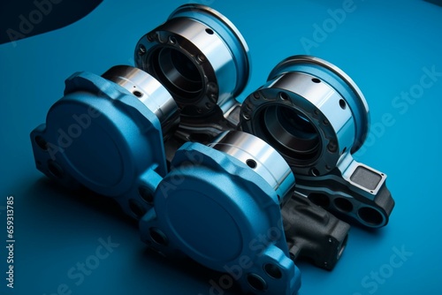 Blue background with v4 engine pistons and crankshaft. Generative AI