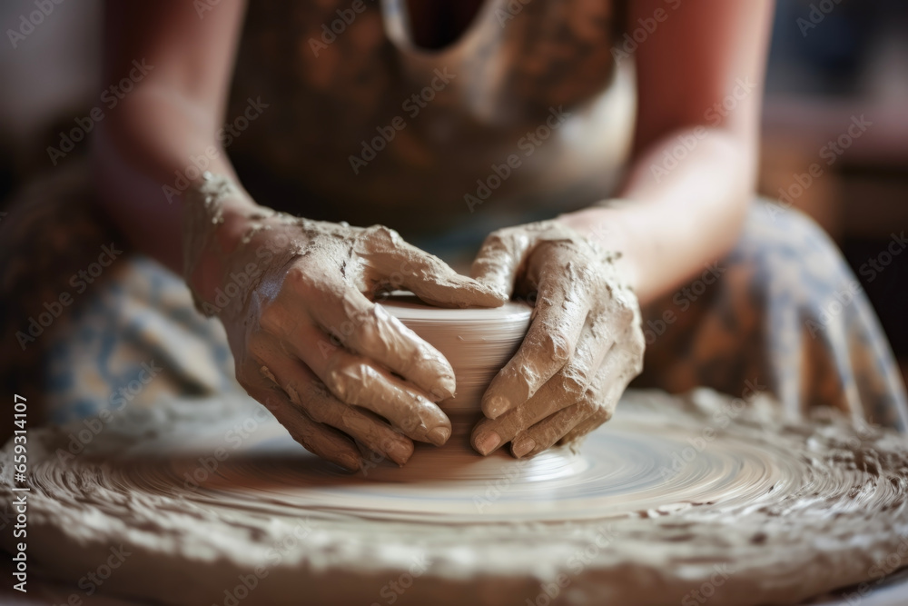 Close up hands of a young woman shaping clay on a pottery wheel in the background of a modern pottery room. Lifestyle concept of holidays and hobbies. - obrazy, fototapety, plakaty 