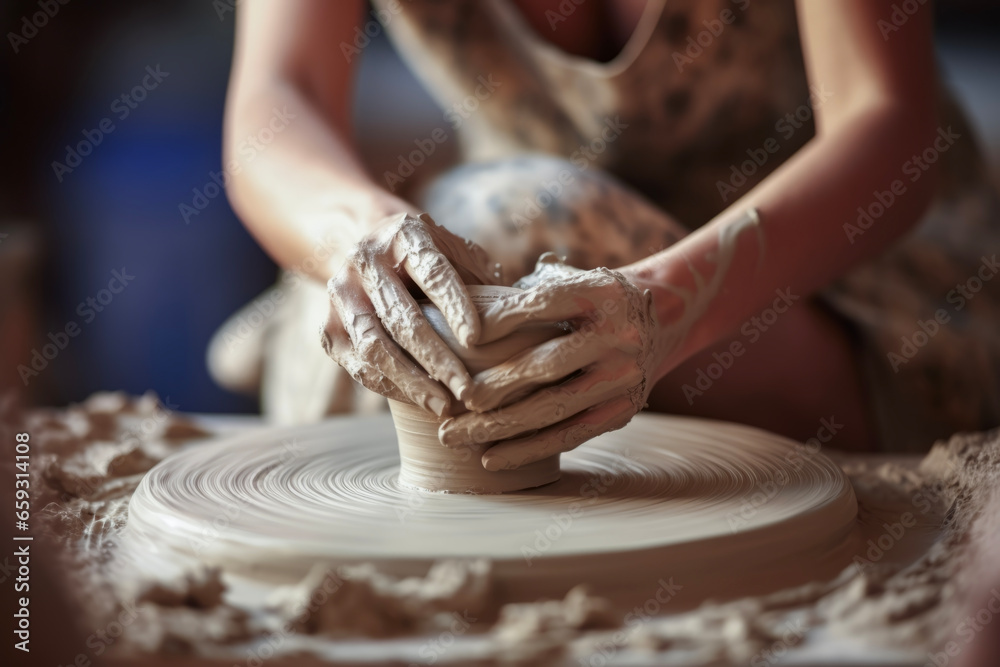 Close up hands of a young woman shaping clay on a pottery wheel in the background of a modern pottery room. Lifestyle concept of holidays and hobbies. - obrazy, fototapety, plakaty 