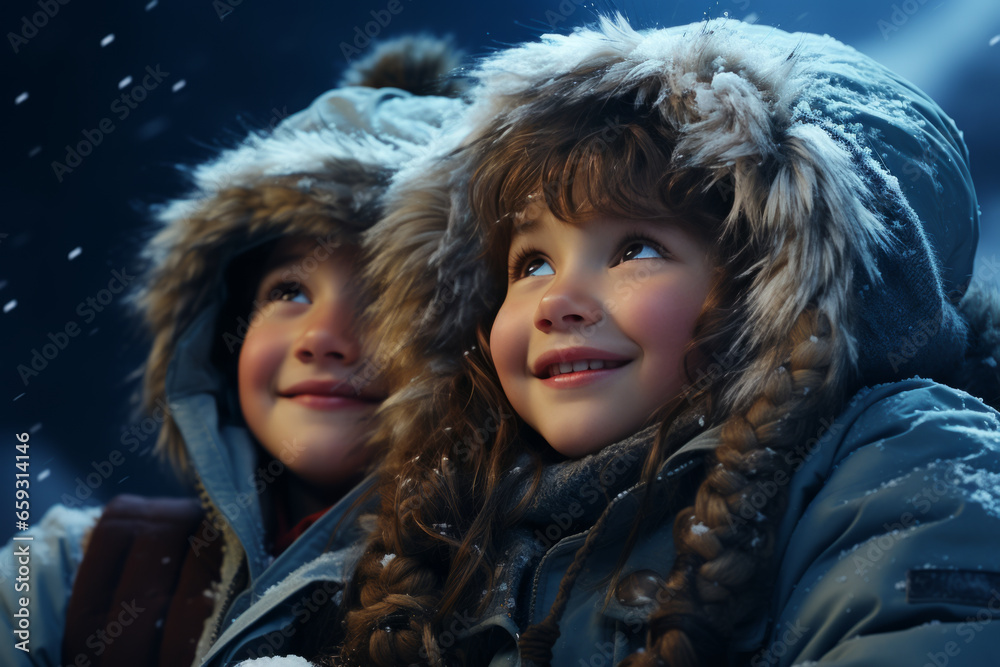 cute little kids in winter outfit fascinated looking at snowfall. Winter lifestyle, first snow. cute little kids in winter outfit fascinated looking at snowfall. Winter lifestyle, first snow.