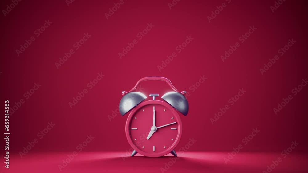 Abstract loop 3d animation of ringing red alarm clock on red background