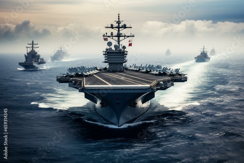 US Navy strike group operating in the South China Sea. Generative AI photo