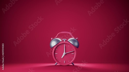 Abstract loop 3d animation of ringing red alarm clock on red background