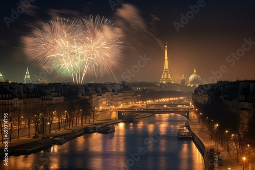 Paris with fireworks for New Year's Eve. Generative AI