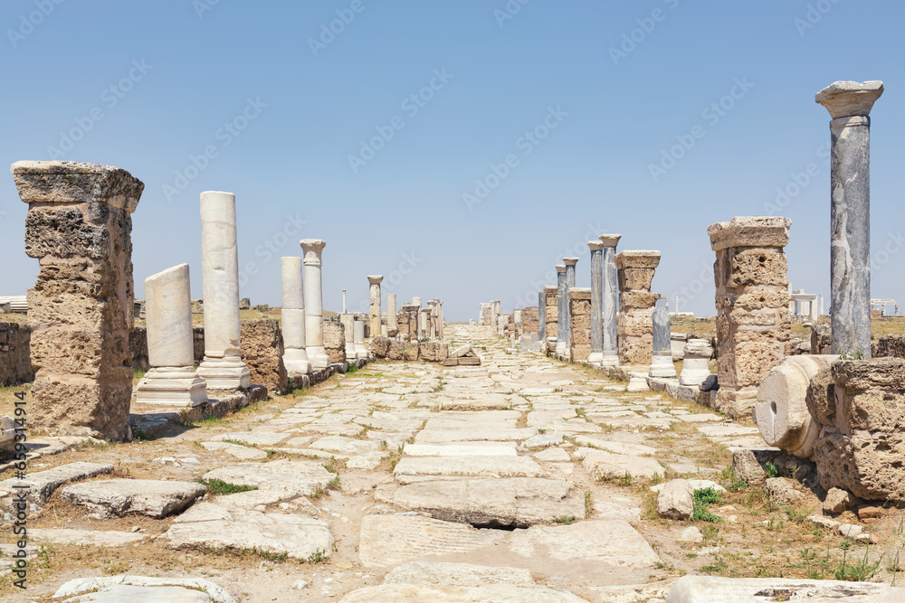Colonnaded street in Laodicea, ancient city of Asia Minor. Denizli, Turkey