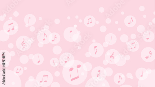 ピンク色のふわふわ音符が飛ぶ背景素材　16：9