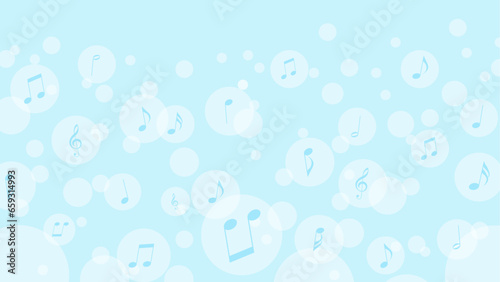 淡い水色のふわふわ音符が飛ぶ背景素材　16：9