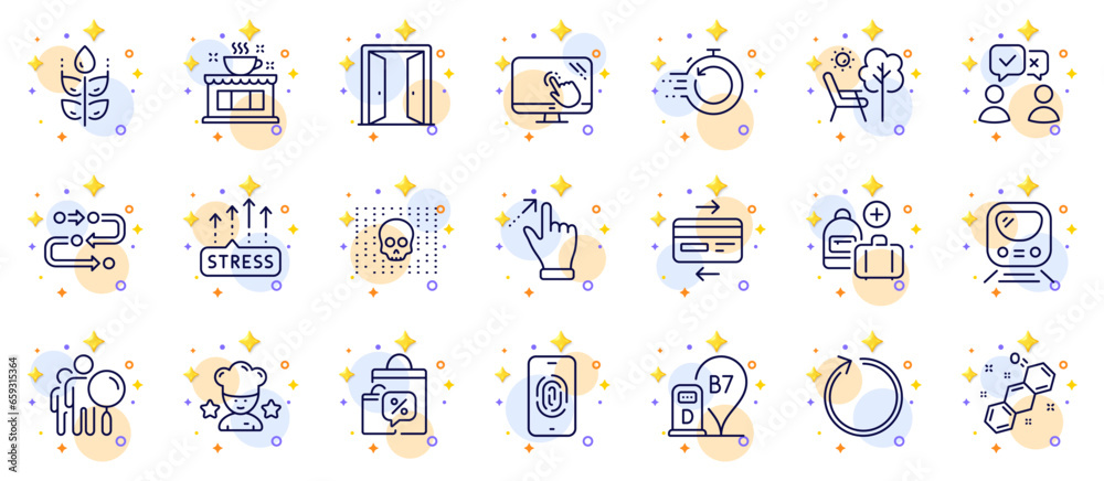 Outline set of Touch screen, Stress grows and Sale bags line icons for web app. Include Metro, Open door, Search people pictogram icons. Gluten free, Credit card, Deckchair signs. Vector Outline set of Touch screen, Stress grows and Sale bags line icons for web app. Include Metro, Open door, Search people pictogram icons. Gluten free, Credit card, Deckchair signs. Vector