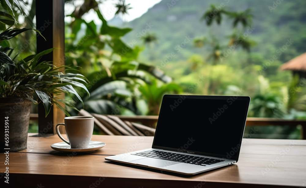 Wooden table with laptop white screen and a cup of coffee, complemented by a vibrant potted plant blurred background. generative AI Wooden table with laptop white screen and a cup of coffee, complemented by a vibrant potted plant blurred background. generative AI