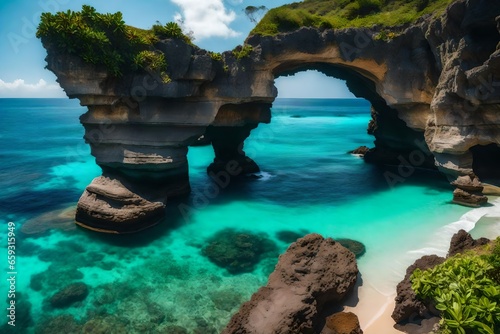 Across the water, a stone arch. gorgeous, crystal-clear turquoise water