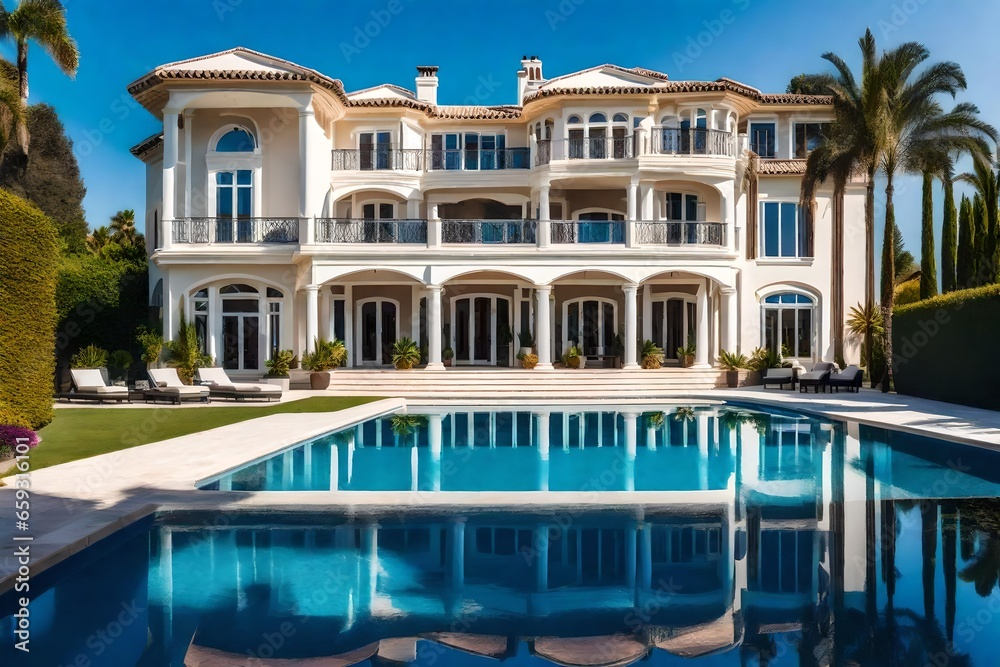 Beautiful mansion with a large pool outside on a beautiful day with a clear sky