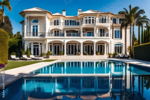 Beautiful mansion with a large pool outside on a beautiful day with a clear sky
