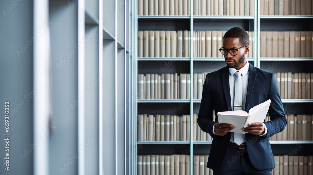 stockphoto, copy space, Black man in a library holding a book. light colored interior, The background consists of bookshelves filled with books. Education theme. Literature. stockphoto, copy space, Black man in a library holding a book. light colored interior, The background consists of bookshelves filled with books. Education theme. Literature.