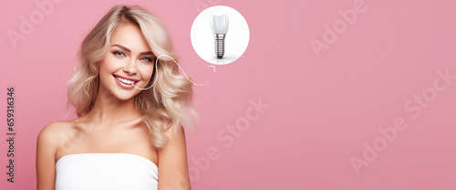 Beautiful young woman smiling snow-white smile isolated on flat pink background with copy space. Dentistry banner template, tooth implantation. Modern implant tooth for a healthy smile. 
