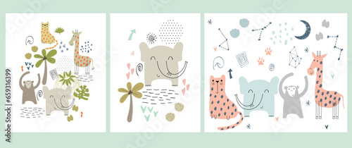 Vector posters with safari animals. Exotic decoration on a white background. © Tapilipa