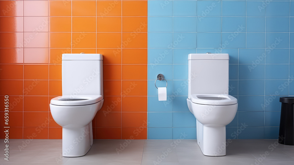 Modern toilet stands against the wall with colored tiles WC room, copy space, minimal bathroom interior design. Plumbing Supply Store. Modern toilet stands against the wall with colored tiles WC room, copy space, minimal bathroom interior design. Plumbing Supply Store.