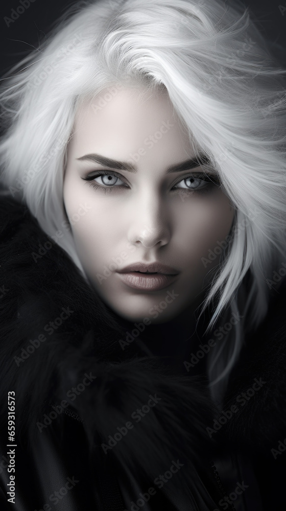 Black and white portrait of a beautiful young winter woman close up