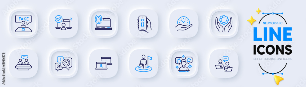 Outsource work, Teamwork and Info app line icons for web app. Pack of Employee hand, Online access, Safe time pictogram icons. Computer fingerprint, Leadership, Employees talk signs. Vector